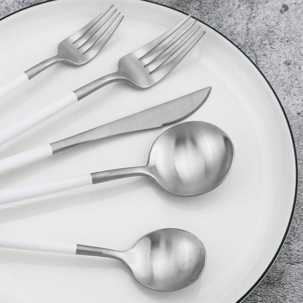 Gugrida 20-Piece 18/10 Stainless Steel Flatware Silverware, Luxury Dinnerware Set Travel Cutlery Tableware Include Knife Fork Spoon Service for 4, Dishwasher Safe (White Handle Matte Silver)