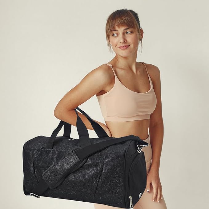 NGIL Glitter Cheers Sports Gym Duffel with Shoe Compartment and Small Carry on Travel Tote Bags for Women, Gym bag, Overnight bags for Women, Cheer Bag (Glitter-Black)