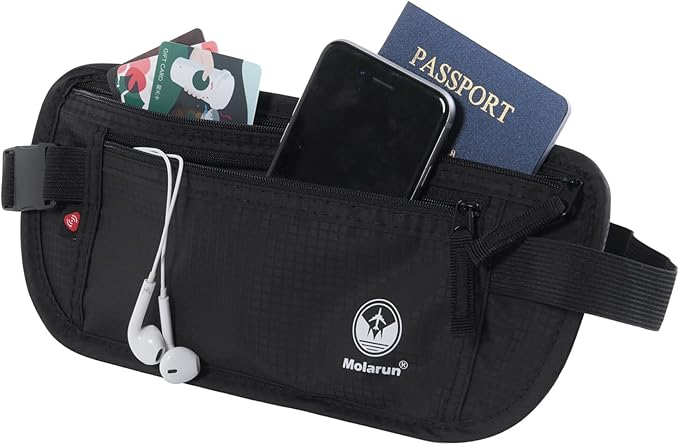Travel Money Belt - Slim Passport Holder Secure Hidden Travel Pouch with RFID Blocking, Travel Wallet Fanny Pack Belt Bag - Black