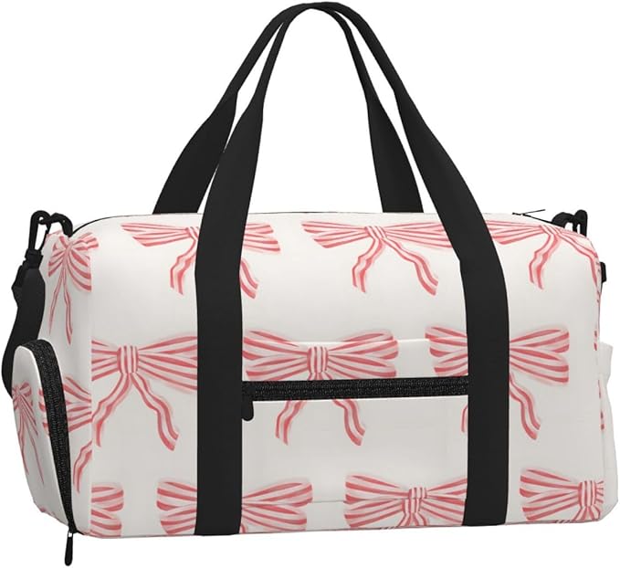 Pink And Red Striped Bows Women'S Gym Duffle Bag With Shoes Compartment, Ideal For Travel, Gym, Sports, Duffel, Weekender