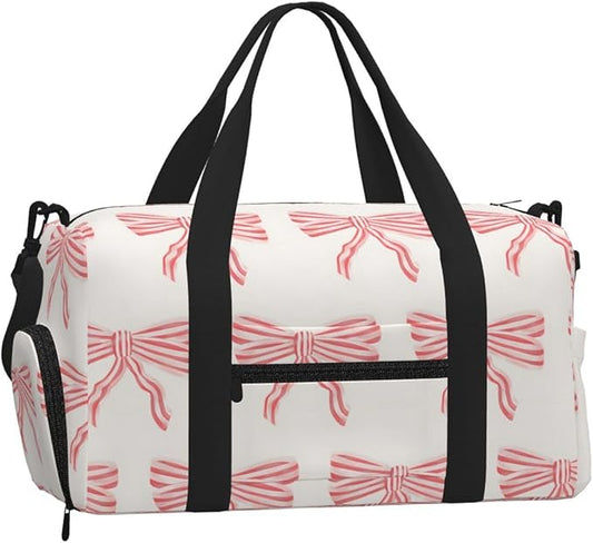 Pink And Red Striped Bows Women'S Gym Duffle Bag With Shoes Compartment, Ideal For Travel, Gym, Sports, Duffel, Weekender
