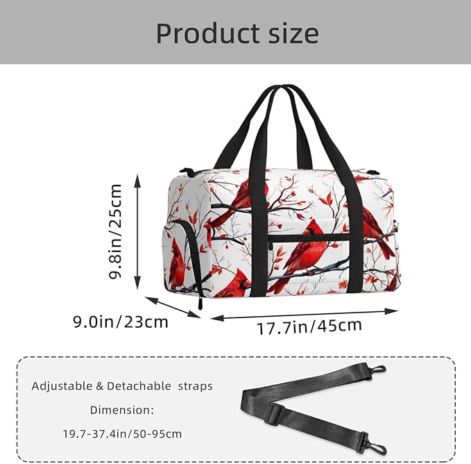 Sports Gym Bag Red Birds Christmas Tree Travel Duffel Bag With Shoe Compartment Shoulder Strap, Lightweight Water-Resistant Weekend Overnight Totes For Women Men