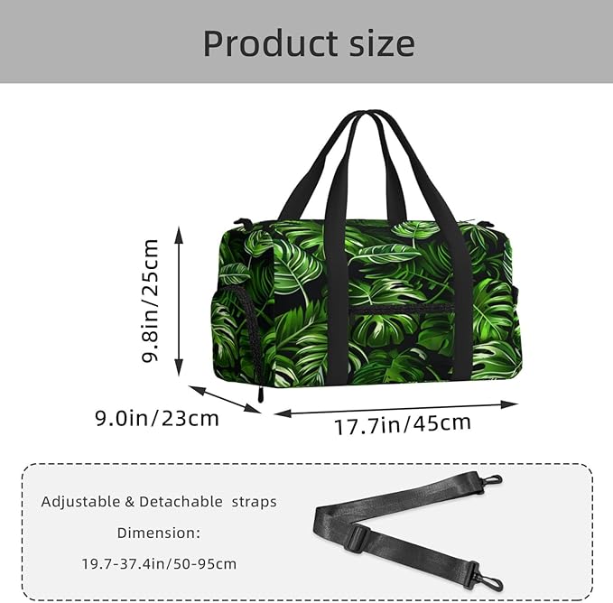 Sports Gym Bag Palm Tree Monstera Leaves Tropical Travel Duffel Bag With Shoe Compartment Shoulder Strap, Lightweight Water-Resistant Weekend Overnight Totes For Women Men