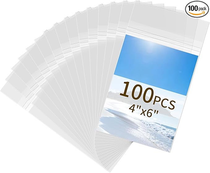 100 Pack 4x6 Photo Sleeves - Acid Free 1.57 mil (Single Side) Thick Heavy Duty Clear Plastic Bags Self Adhesive Crystal Clear Plastic Sleeves for Paper Cardstock Photo Prints 4x6