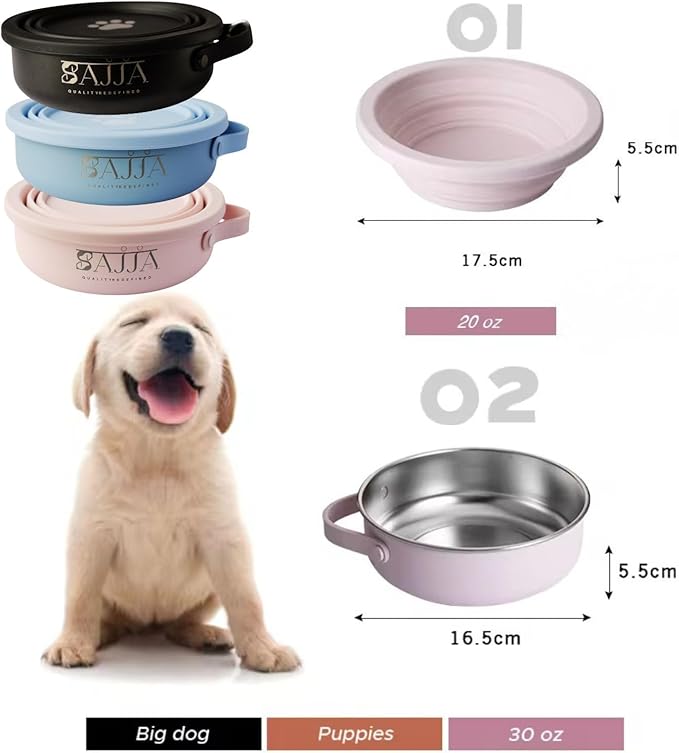 3-in-1 Travel Dog Bowl Set – 30 OZ Stainless Steel + 20 OZ Collapsible Water Bowl Lid | BPA-Free, Anti-Slip, Portable Dog Bowl w/Handle/Water Bottle Holder with Carabiner | Black Bowls