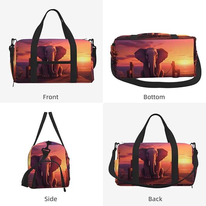 Sports Gym Bag African Elephant Sunset Travel Duffel Bag With Shoe Compartment Shoulder Strap, Lightweight Water-Resistant Weekend Overnight Totes For Women Men