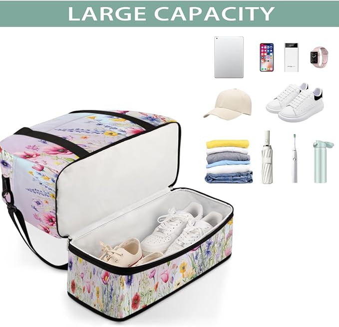 Pastel Flowers Large Weekender Bag with Shoe Compartment Travel Duffel Bags for Women Carry On Hospital Overnight Bag Foldable Personal Item Travel Bags Tote Gym Sports Airplanes