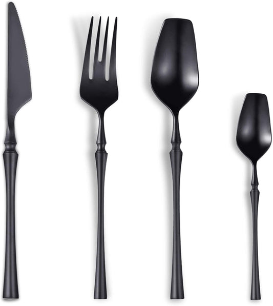 24-Piece Black Silverware Set for 6,Modern 18/10 Stainless Steel Flatware Set,Unique Rustic Cutlery Utensils Set,Spoon and Fork Set for Home, Restaurant,Wedding,Mirror Polished,Dishwasher Safe