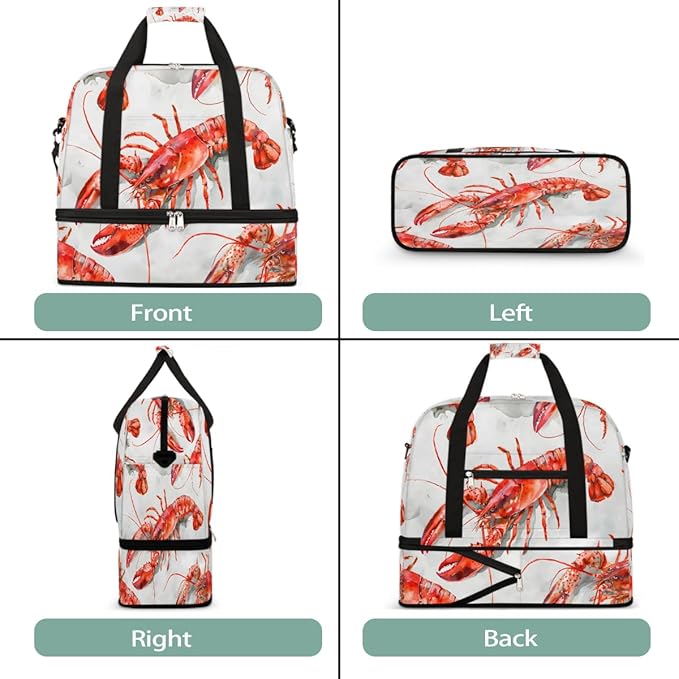 Red Animal Lobster Large Weekender Bag with Shoe Compartment Travel Duffel Bags for Women Carry On Hospital Overnight Bag Foldable Personal Item Travel Bags Tote Gym Sports Airplanes