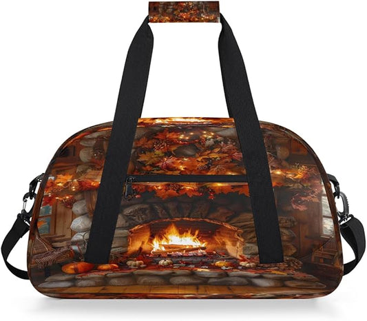 Travel Duffle Bag for travel duffle bag sports Girls Boys Kids Autumn Fall Fireplaces Lightweight Overnight Sleepover Weekender Bags Small Dance Gym Sport Bag Teens Carry-On Size Workout Bag