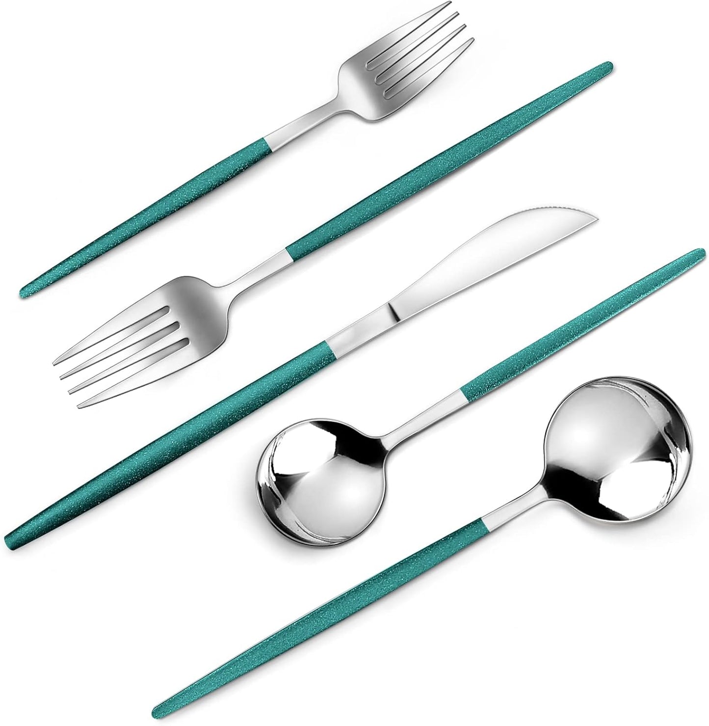 Mirror Silver Green Silverware Set, 20-Piece Stainless Steel Flatware Set, Satin Finish tableware Cutlery Set, Service for 4, Home and Restaurant, Dishwasher Safe