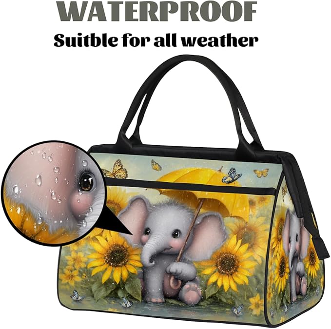 Cute Elephant Umbrella Sunflower Overnight Weekender Bags for Women Men, Waterproof Travel Carry On Duffel Bag, Lightweight Sports Gym Bag for Fitness, Workout, Travel