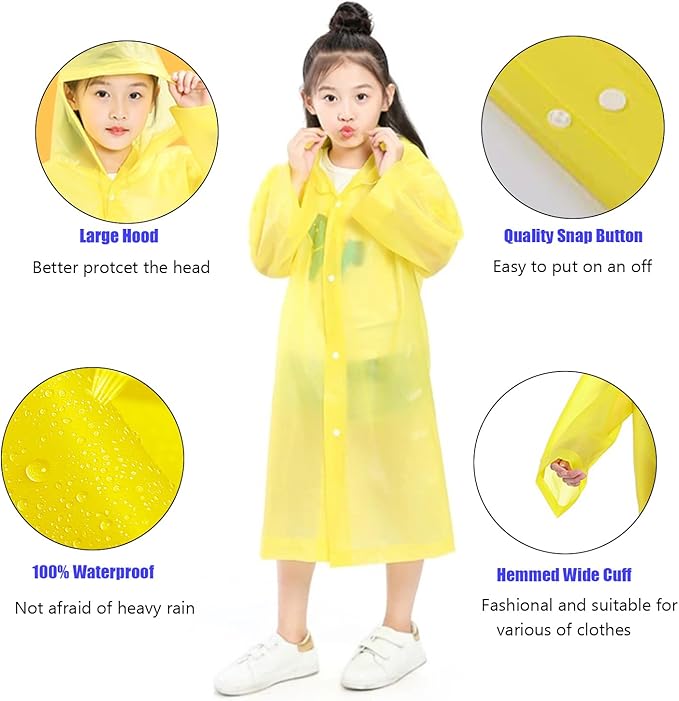 Rain Ponchos for Kids, 2 Pack Reusable Raincoats Jackets with Hoods and Sleeves Lightweight for Girls Boys