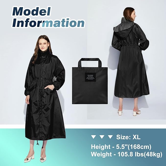 LAMA Womens Long Raincoats Rain Jacket Waterproof Packable Hooded Windbreaker Lightweight Adjustable Waist for Outdoor