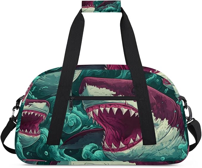 Ocean Red Sharks Gym Travel Duffle Bag for Women & Men with Front Zipper Pocket for Sports, Overnight, Weekender, Carry On,Workout & Dance Bag,Sharks,18.9 * 8.7 * 10.6 in
