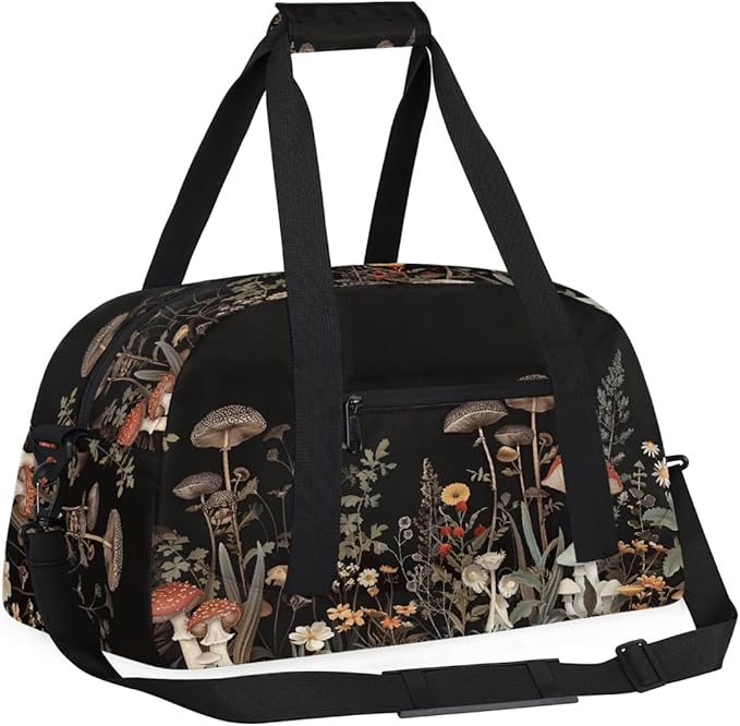 Duffle Bag for Women Men, Dark Forest Mushroom Floral Art Gym Bag for Travel Sports, Lightweight Waterproof Weekender Overnight Bags with Adjustable Strap