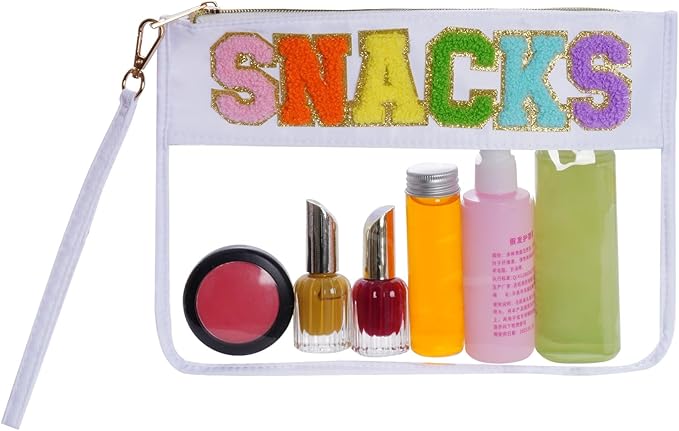 Chenille Letter Bag, Multi-purpose Nylon Clear Makeup Cosmetic Bags Flat Pouches with Zipper for Travel, Gym, Beach (White-Snacks)