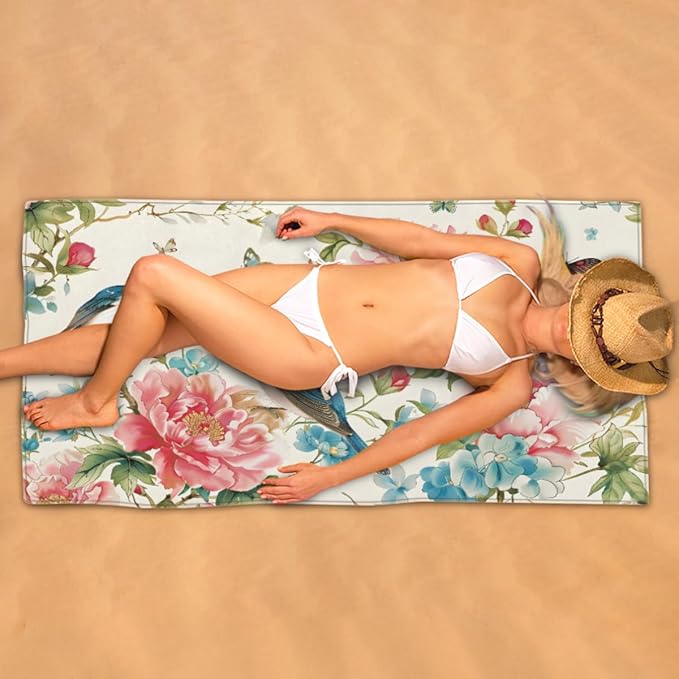 Birds Butterflies Flowers Beach Towel, Large Microfiber Quick Dry Lightweight Pool Bath Towels Sand Free Beach Blanket for Summer Cruise Yoga Camping Travel Vacation Essentials 31 x 61 in