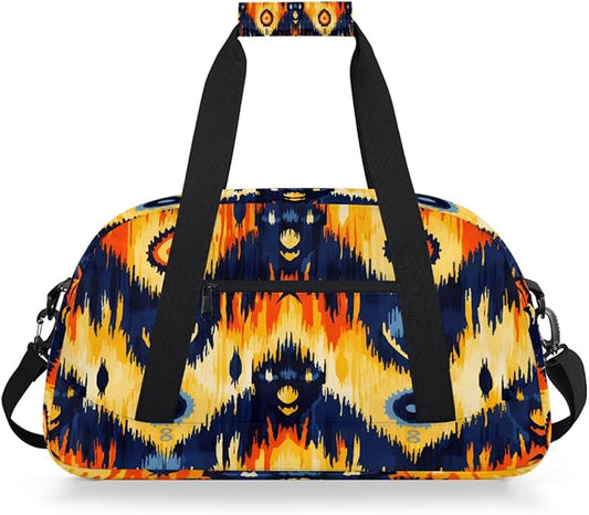 Duffle Bag for Women Men, Orange Navy Tribal Pattern Gym Bag for Travel Sports, Lightweight Waterproof Weekender Overnight Bags with Adjustable Strap