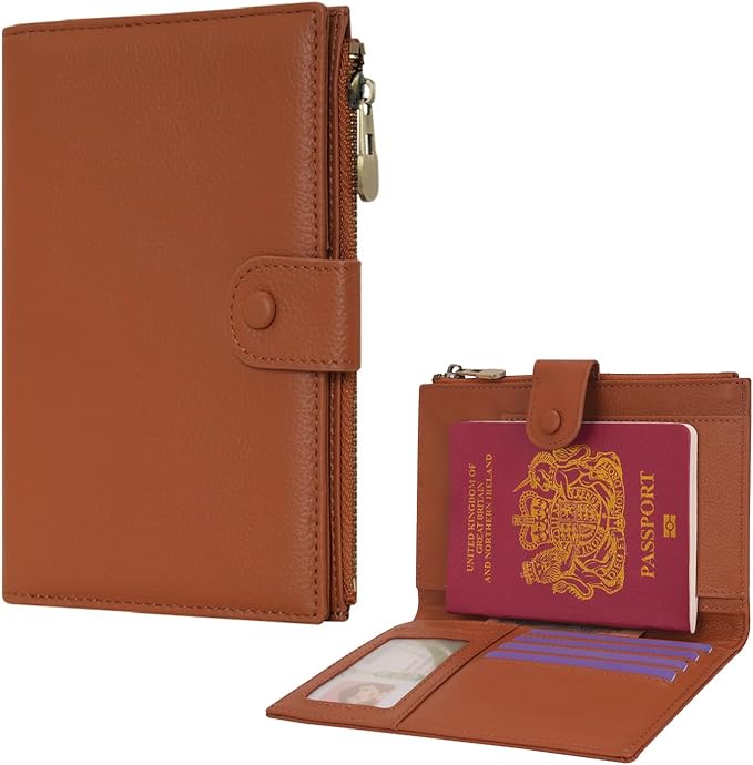 WASON Leather Passport Cover Travel Wallet RFID Blocking – Passport Holder Slot with Zipper Pocket for lD, Boarding Pass,Ticket, Cash, SD Card, Travel Essentials for Men and Women (Brown)