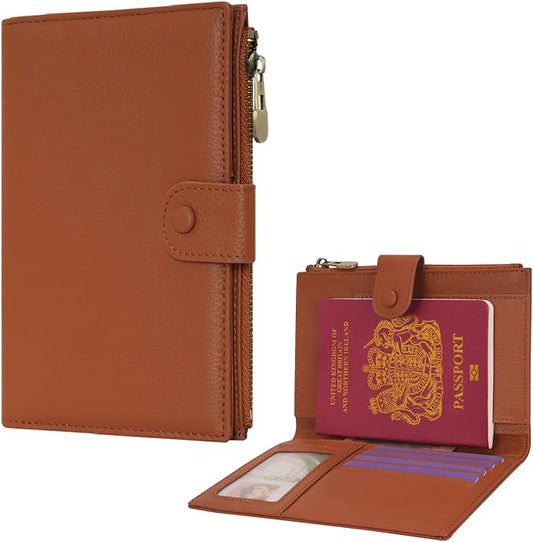 WASON Leather Passport Cover Travel Wallet RFID Blocking – Passport Holder Slot with Zipper Pocket for lD, Boarding Pass,Ticket, Cash, SD Card, Travel Essentials for Men and Women (Brown)