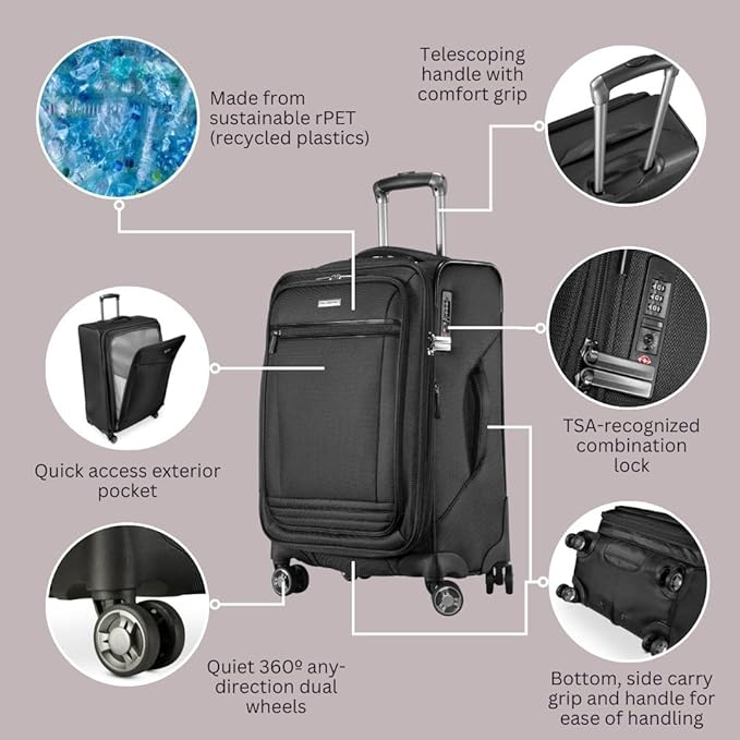 Ricardo Beverly Hills Avalon Softside 2-Piece Luggage Set Made with Sustainable 100% Recycled PET (rPET), Lightweight, Eco-Friendly Travel, Expandable, Dual Spinner Wheels, Black, (20" & 28")
