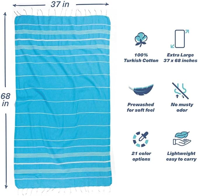 Hencely Turkish Beach Towel 37x68 Oversized, Sand-Free, Quick-Dry, Lightweight - Travel Essential for Pool & Bath - Striped 100% Cotton Bathroom Towels Accessories Gift (Turquoise)