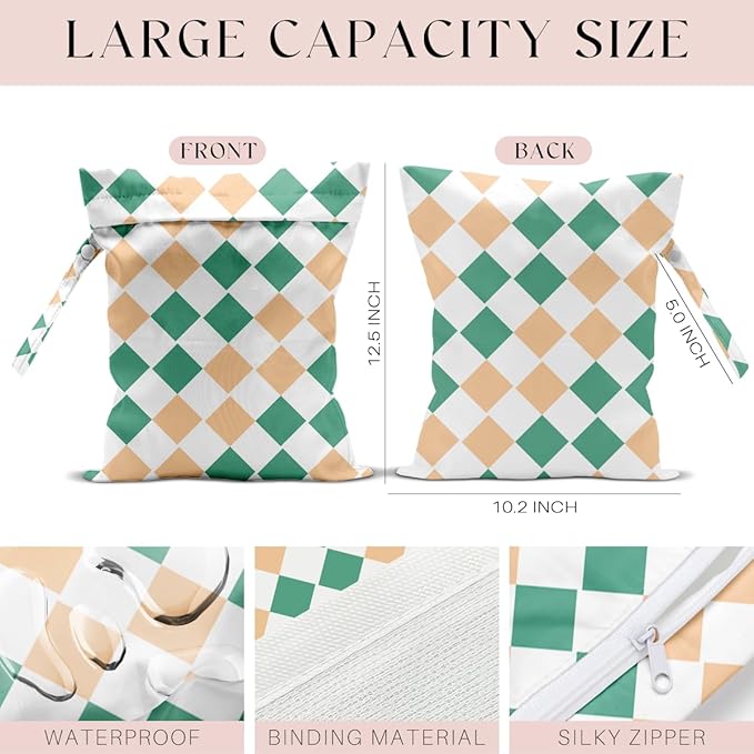 Wet Bag, Wet Dry Bag, Waterproof Swim Bags, Machine Washable Reusable Bags for Beach, Pool, Diapers, and Dirty Yoga Gym Clothes(Contrast Diamond Pattern)