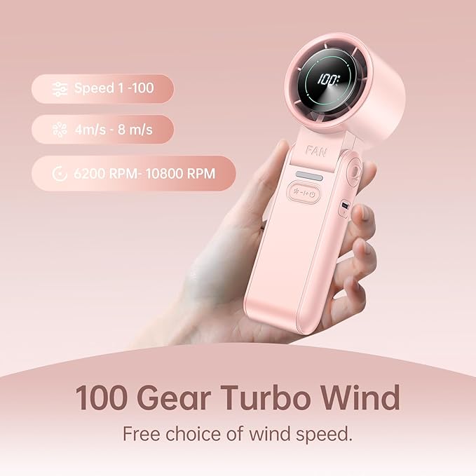 2 Pack Pink Portable Handheld Turbo Fan-100 Speeds, 13500 RPM, 12Hrs Cooling, Digital Display, USB Rechargeable Mini Hand Held Personal Fan for Travel Makeup Outdoor Indoor