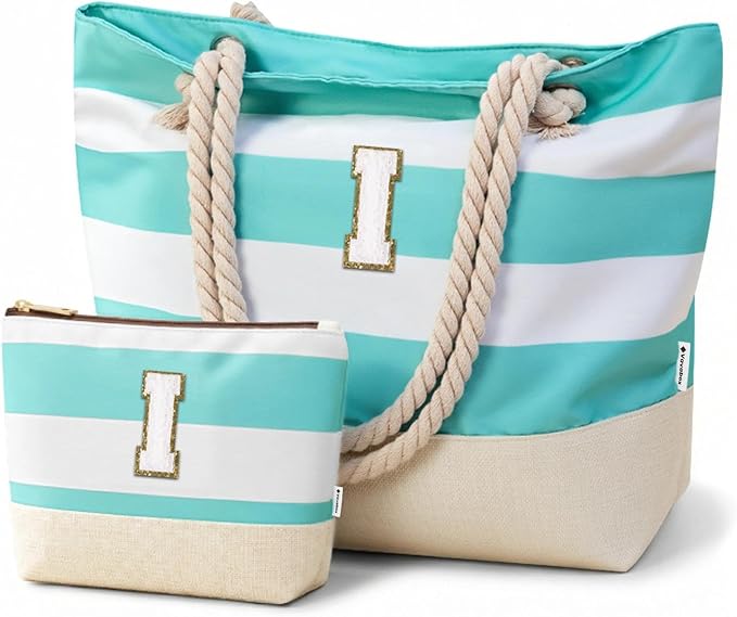 Vavabox Initial Beach Tote Bag for Women, Water-resistant Foldable Travel Beach Bag Set, Birthday Gifts for Women Mom