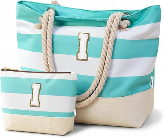 Vavabox Initial Beach Tote Bag for Women, Water-resistant Foldable Travel Beach Bag Set, Birthday Gifts for Women Mom
