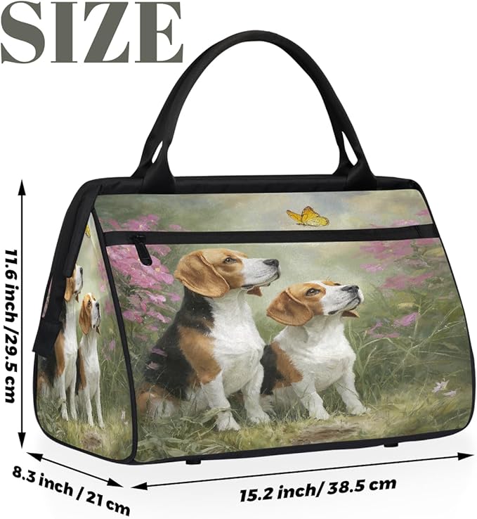 Travel Duffel Bag, Two Cute Beagle Dogs Floral Waterproof Sports Gym Duffle Bag, Large Capacity Weekender Carry On Overnight Bags for Women Men