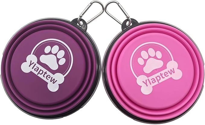 Large Collapsible Dog Bowl 35oz, 2 Pack Collapsible Travel Dog Cat Water Bowl Portable Foldable Food Dishes with 2 Carabiners for Travel, Hiking, Camping, Walking (Purple+Pink, 1000ml)