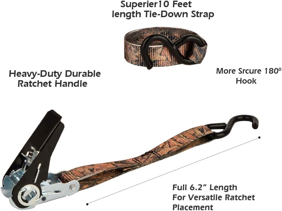 XSTRAP STANDARD Ratchet Tie Down Straps 4 Pk 10 Ft- 300 Lbs Load Cap- 900 Lbs Break Strength-Cargo Straps for Hunting, UTV, ATV, Pickup, Truck, Moving Appliances, Lawn Equipment, Camouflage