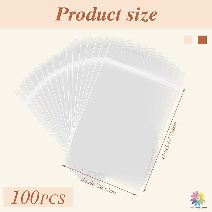 Mat Board Center 8x11 Inches Crystal Clear Sleeves Storage Bags, 100 Pack Self Sealing Cellophane Bags for 8x11 Prints, Photos, Collectible Magazines