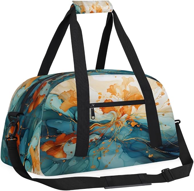 Orange Teal Marble Sports Duffel Bags, Water-Resistant Gym Duffle Bag for Men Women, Lightweight Weekender Overnight Bag for Fitness, Workout, Travel