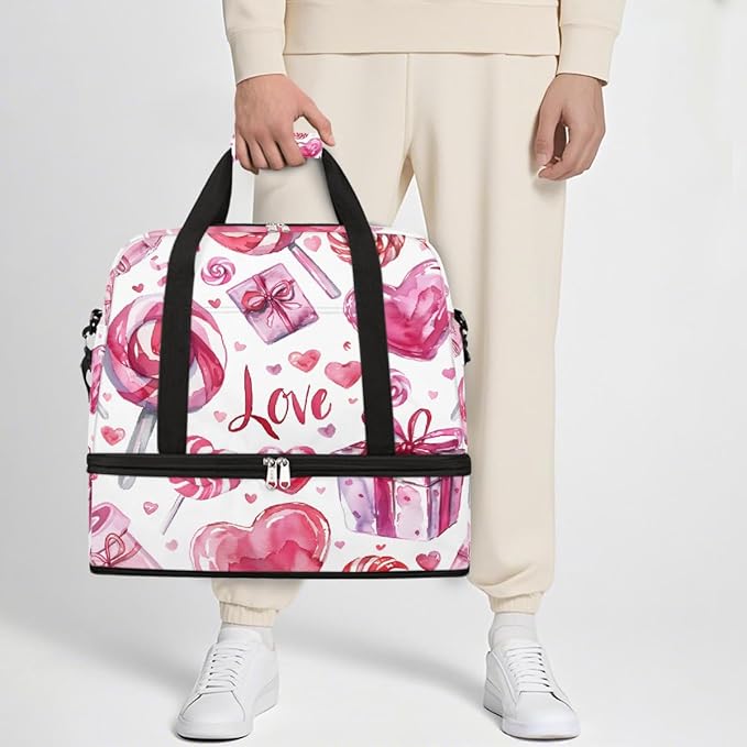 Pink Heart Candy Gift Large Weekender Bag with Shoe Compartment Travel Duffel Bags for Women Carry On Hospital Overnight Bag Foldable Personal Item Travel Bags Tote Gym Sports Airplanes