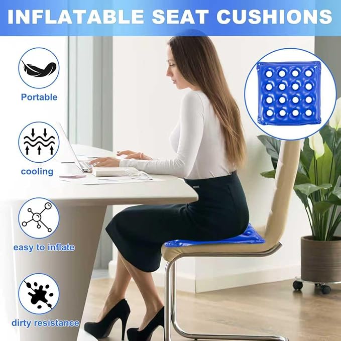 2-Pack Waffle Inflatable Seat Cushions with Pump, 18 Inch Beige 16-Hole Air Cushion for Pressure Relief, Wheelchair, Office Chair, Car Seat & Travel (Blue&Beige)