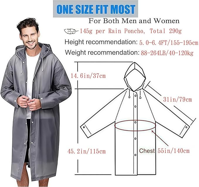 Rain Coat Poncho for Adult, 2 Pack Women Men Reusable Raincoats Emergency with Hood and Drawstring