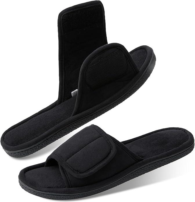 WALKFUN Men's Open Toe Slippers Adjustable Slip-on Memory Foam Indoor Slippers for Men Non Slip Outsole