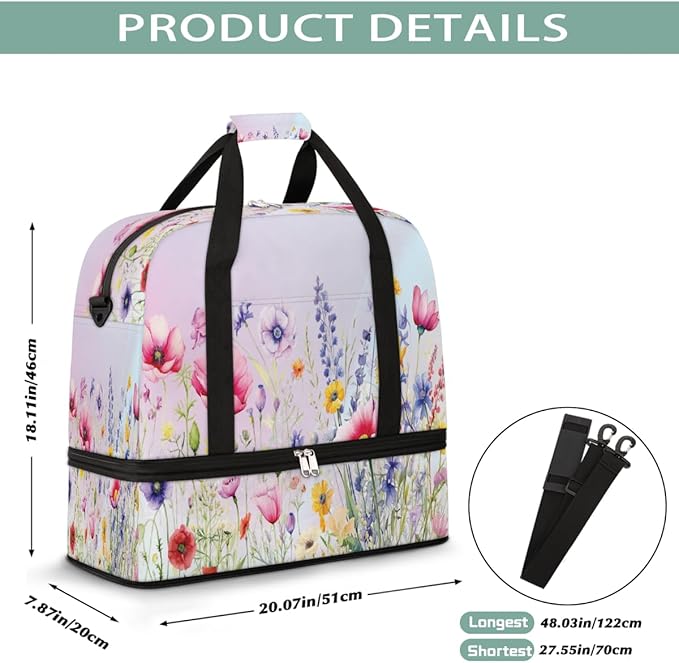 Pastel Flowers Large Weekender Bag with Shoe Compartment Travel Duffel Bags for Women Carry On Hospital Overnight Bag Foldable Personal Item Travel Bags Tote Gym Sports Airplanes