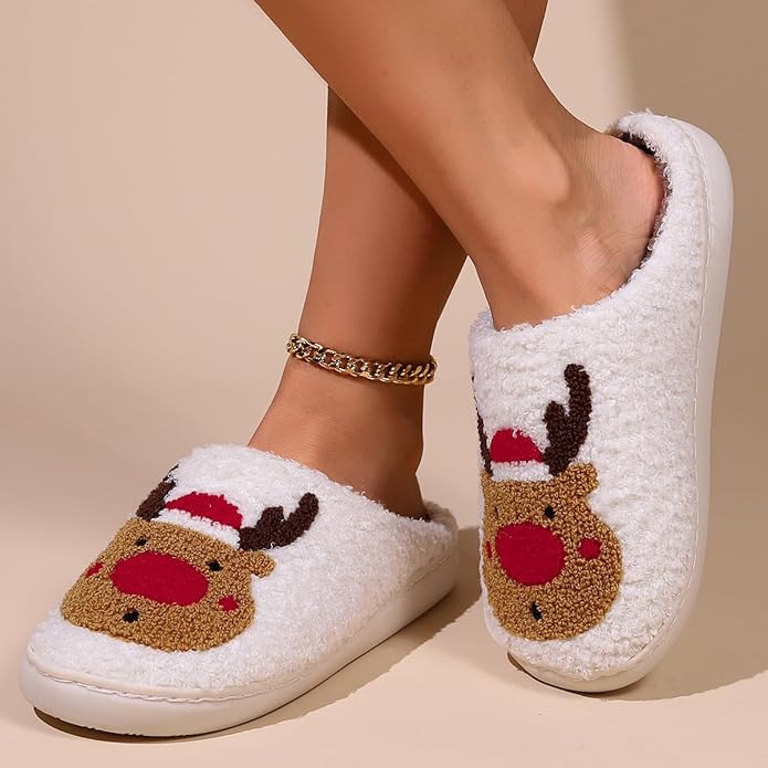 Unisex Xmas Elk Shoes Santa Reindeer Cute Strawberry Cartoon Christmas Tree Pink Bow Memory Foam Soft Plush House Slippers Indoor/Outdoor