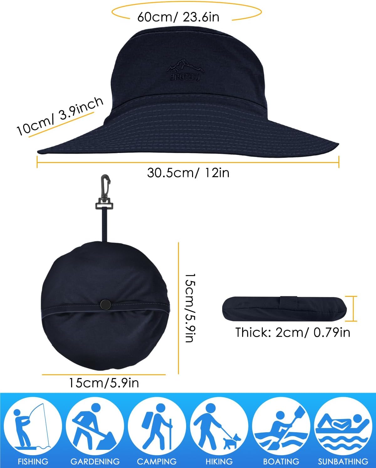 BROTOU Foldable Bucket Hats for Women/Men, UPF 50+ Wide Brim Sun Hat, Waterproof Fishing Cap with UV Protection