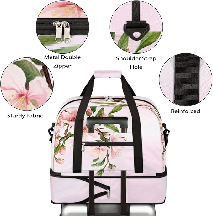 Pink Cherry Blossoms Large Weekender Bag with Shoe Compartment Travel Duffel Bags for Women Carry On Hospital Overnight Bag Foldable Personal Item Travel Bags Tote Gym Sports Airplanes