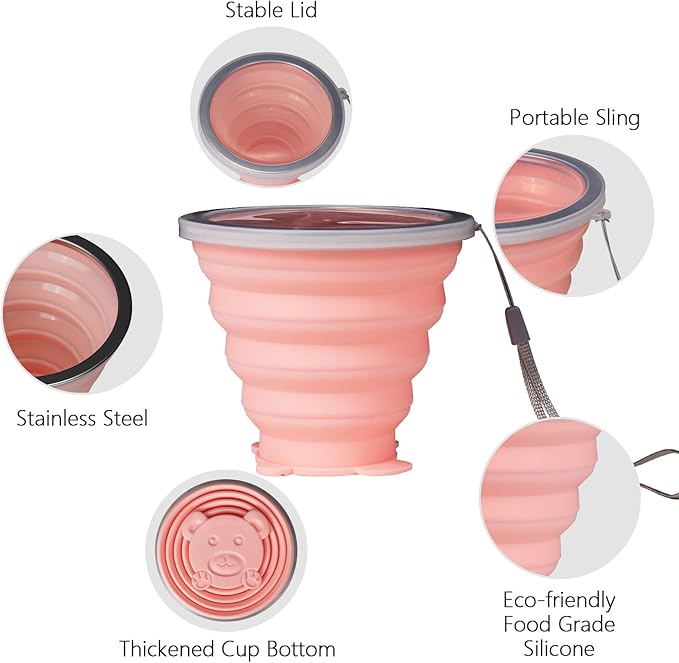 O-CONN 2 Pack Collapsible Cup, Silicone Collapsible Travel Cup, Silicone Folding Camping Cup with Lids Expandable, Drinking Cup for Outdoor Hiking Travel, Outdoor Sports- Portable, Graduated