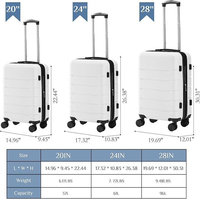 NEWBULIG 28 Inch Carry on Luggage, Lightweight Expandable Rolling Suit Case with TSA Lock, Hard Shell ABS Suitcase with Double Spinner Wheels, White