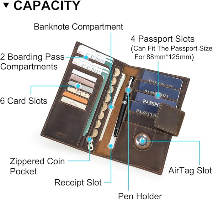 CONTACTS RFID Blocking Family Passport Holder for 4 Full Grain Leather Passport Wallet Compatible with Airtag Travel Passport Cover with 4 Passport Slot, 6 Card Slot (Brown)