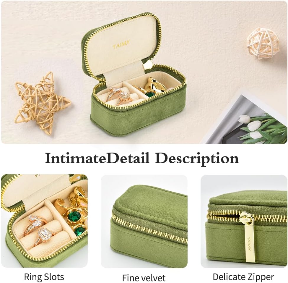 Small Travel Jewelry Case, Mini Tiny Plush Velvet Jewelry Box for Women and Girls, Pocket Size Jewelry holder organizer for Rings Earrings and Small Items(Avocado Green)