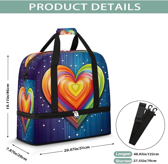 Rainbow Blue Abstract Heart Large Weekender Bag with Shoe Compartment Travel Duffel Bags for Women Carry On Hospital Overnight Bag Foldable Personal Item Travel Bags Tote Gym Sports Airplanes