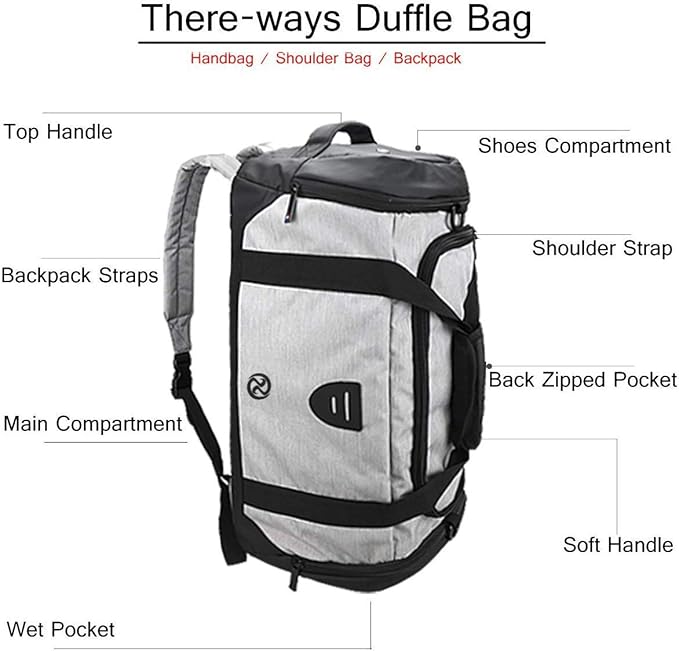 Gym Duffle Bag Backpack Waterproof Sports Duffel Bags Travel Weekender Bag for Men Women Overnight Bag with Shoes Compartment Grey